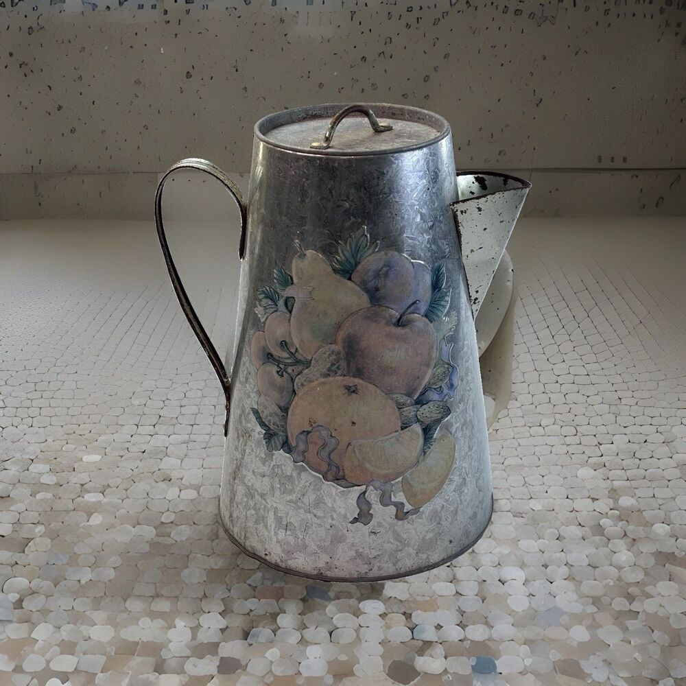 Annie's Pride Galvanized Metal Popcorn Tin Decorative Pitcher Fruit Farm Vintage